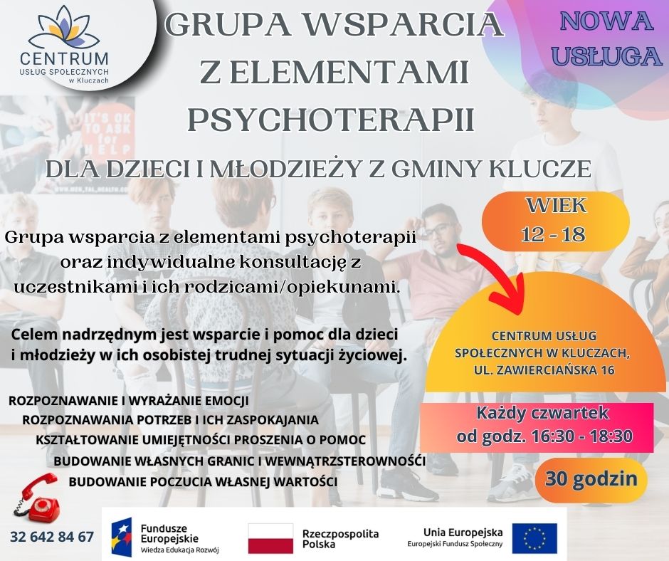 plakat nowej usługi Grupa wsparcia z elementami psychoterapii dla dzieci i młodzieży z gminy klucze