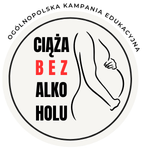 logo Ogólnopolskiej Kampanii Edukacyjnej "Ciąża bez alkoholu" na zdjęciu przedstawiona jest sylwetka kobiety w ciąży