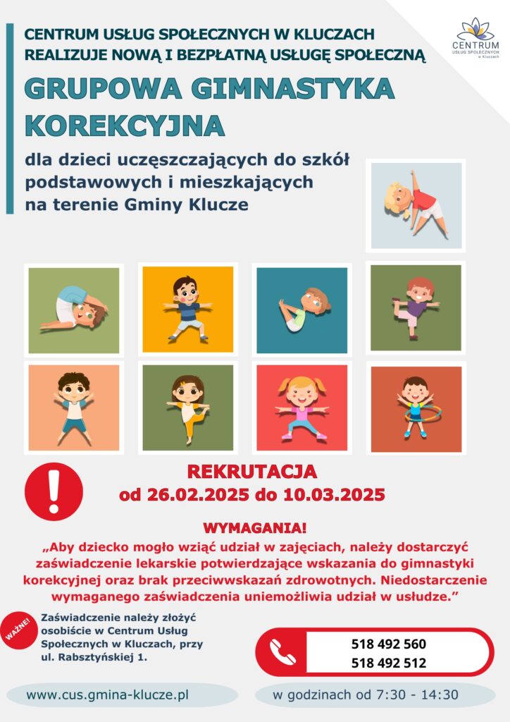 PLAKAT INFORMUJACY O REKRUTACJI NA GIMNASTYKE KOREKCYJNĄ