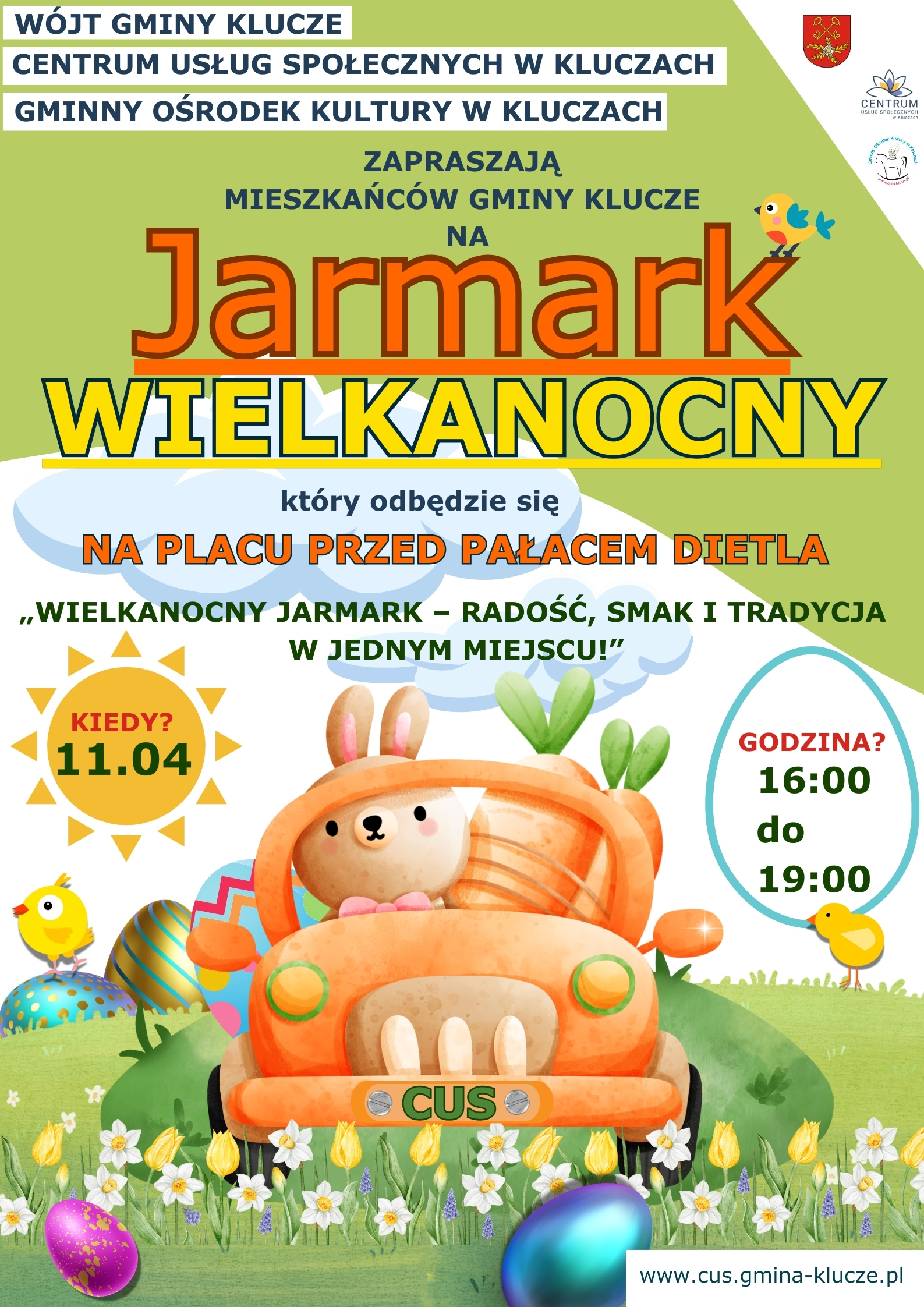 Plakat z informacją o jarmarku wielkanocnym który odbędzie się 11 kwietnia pod Pałacem Dietla w Kluczach