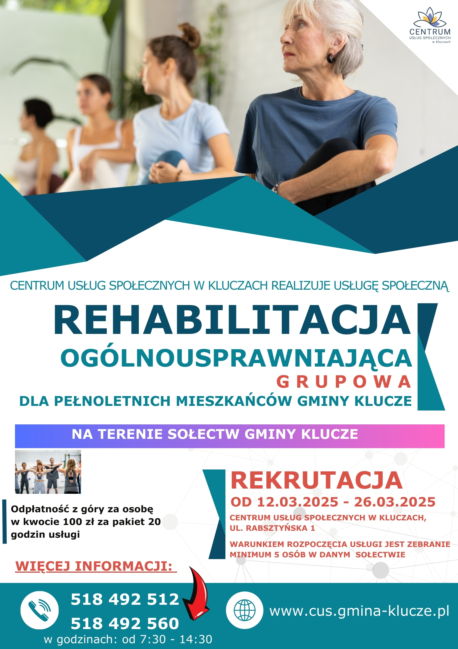 Plakat z informacja o rekrutacji na rehabilitację ogólnousprawniającą