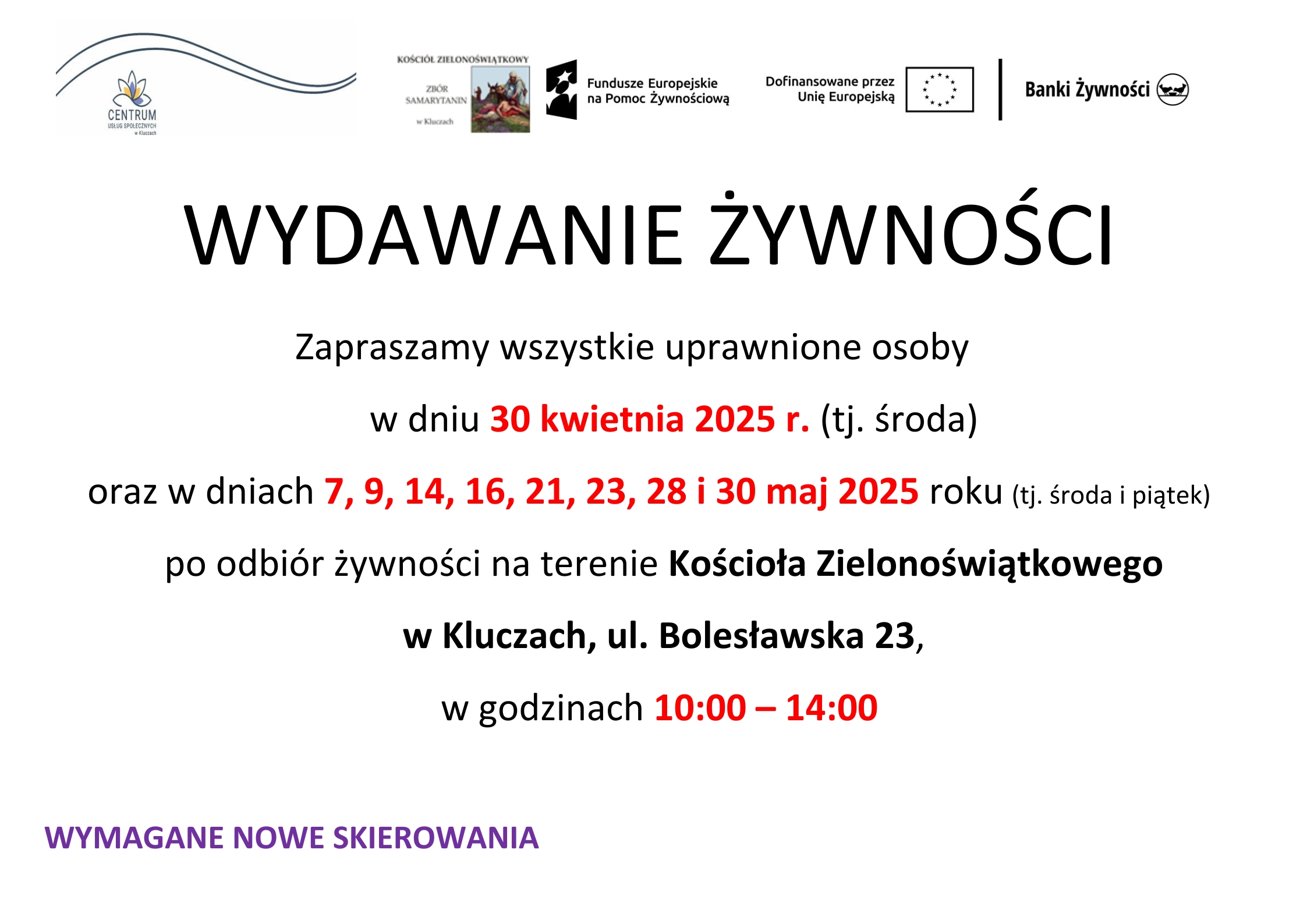plakat z informacją o wydawaniu żywności przez Kościół Zielonoświątkowego w Kluczach