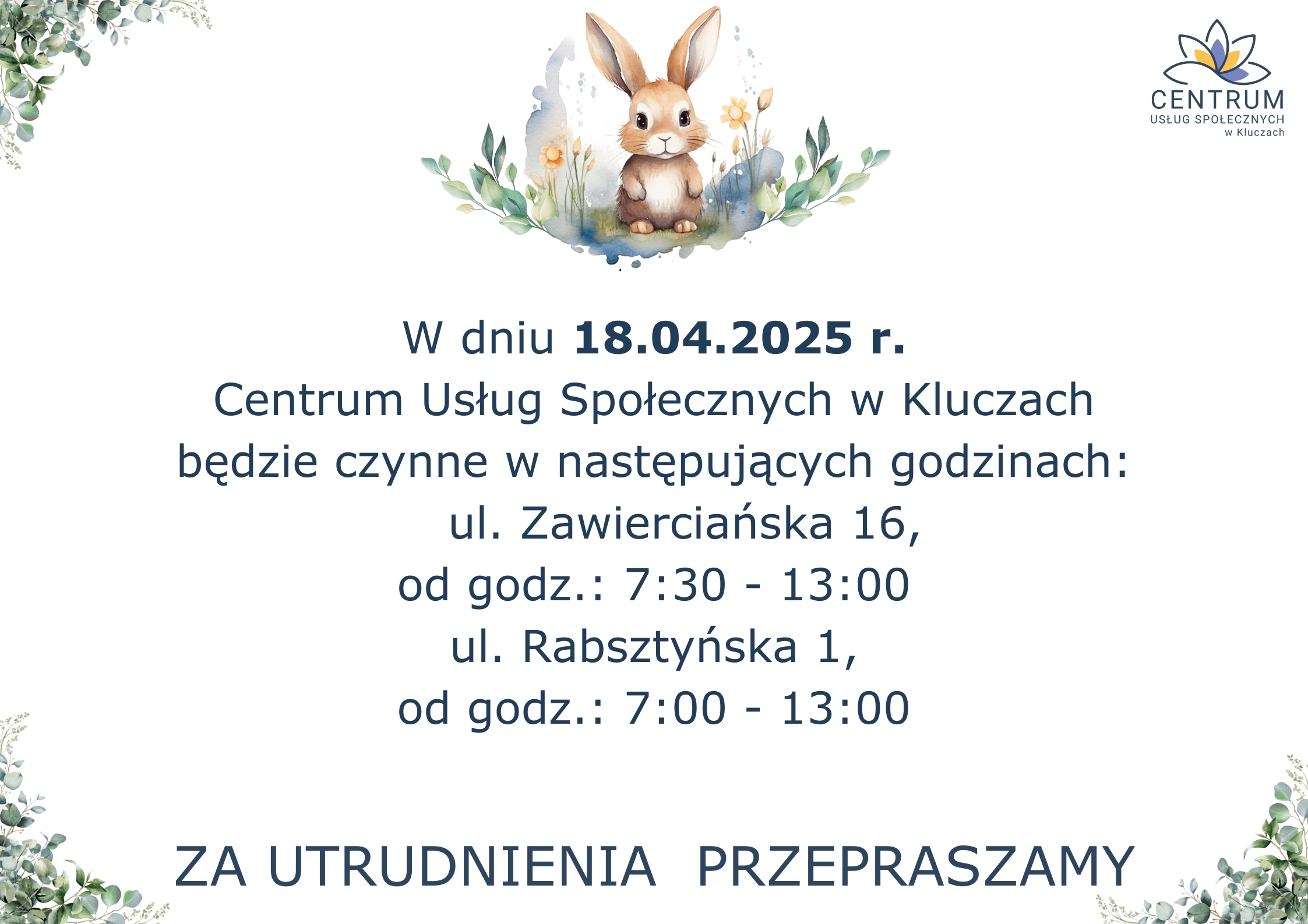 informacja o zmianie godzin otwarcia w piątek 18.04