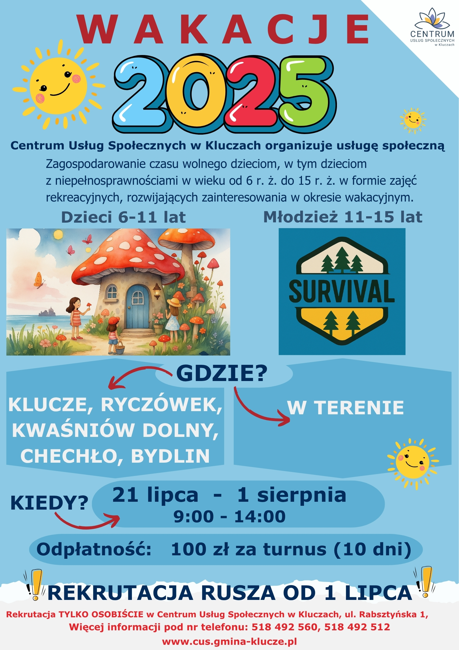 Centrum Usług Społecznych w Kluczach zaprasza dzieci i młodzież w wieku od 6 do 15 lat, w tym dzieci z niepełnosprawnościami, do udziału w letniej usłudze społecznej, której celem jest zagospodarowanie czasu wolnego w sposób aktywny, bezpieczny i integracyjny.