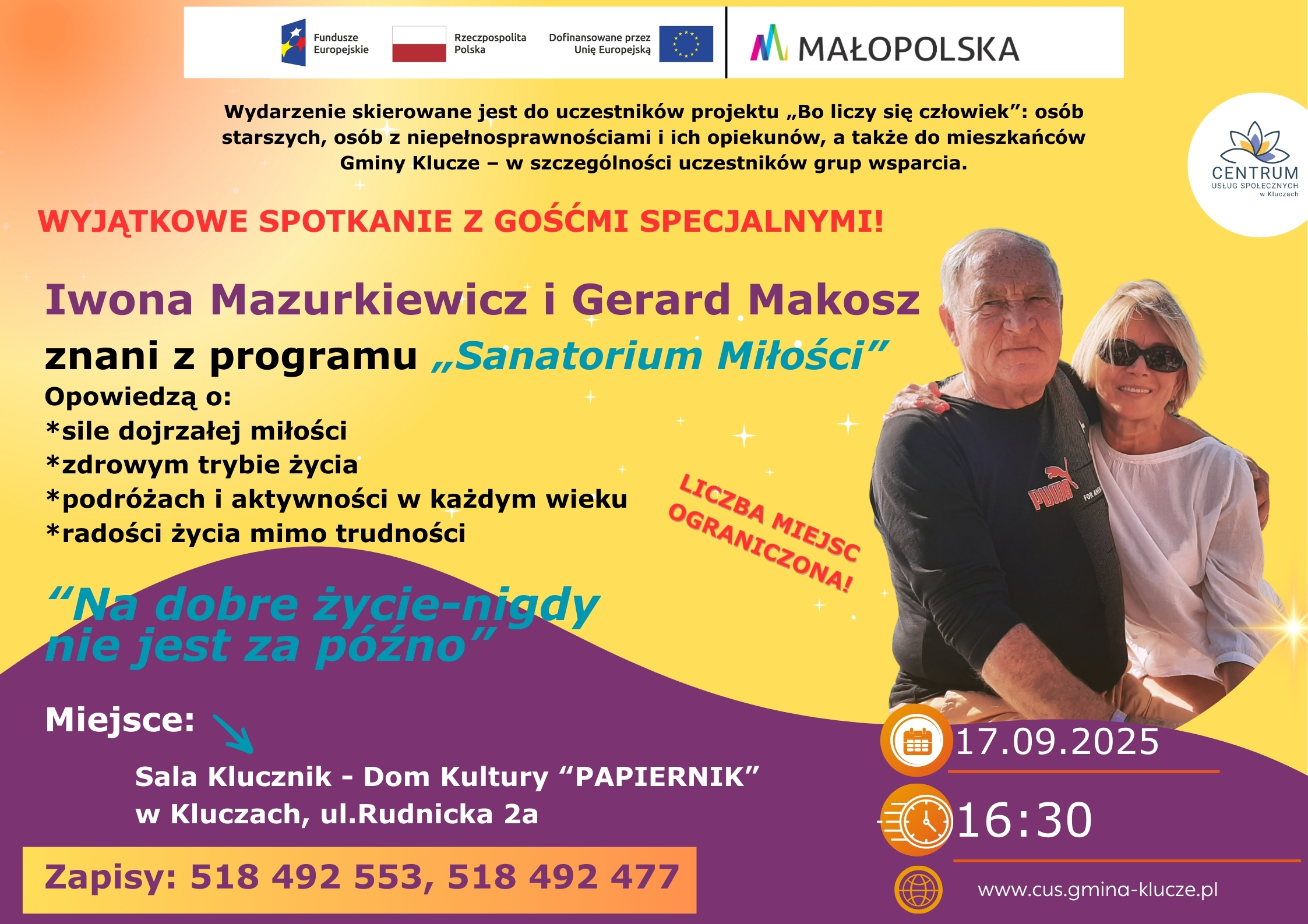 Plakat z informacją o spotkaniu z panią Iwoną Mazurkiewicz i Panem Gerardem Makosz z Sanatorium Miłości. 