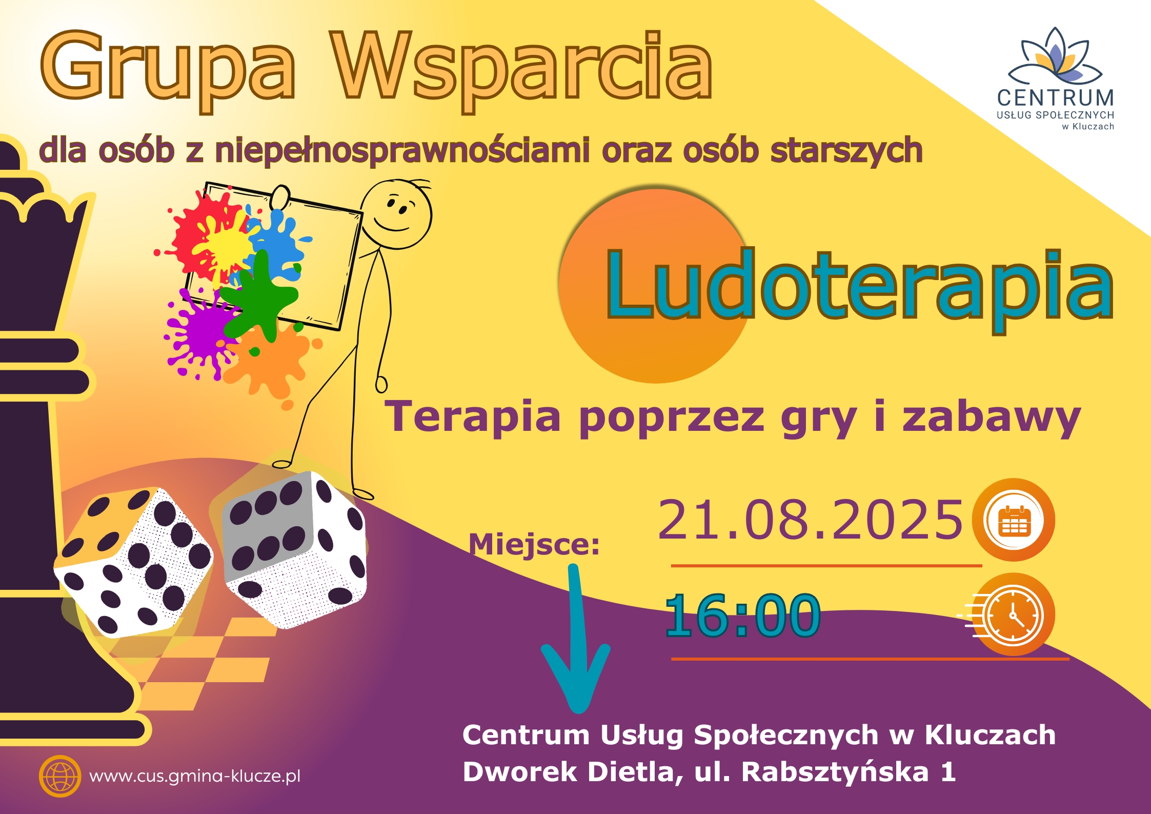 plakat z informacją o grupie wsparcia dla osób starszych oraz osób z niepełnosprawnościami, która po wakacyjnej przerwie rusza już od 21 sierpnia.