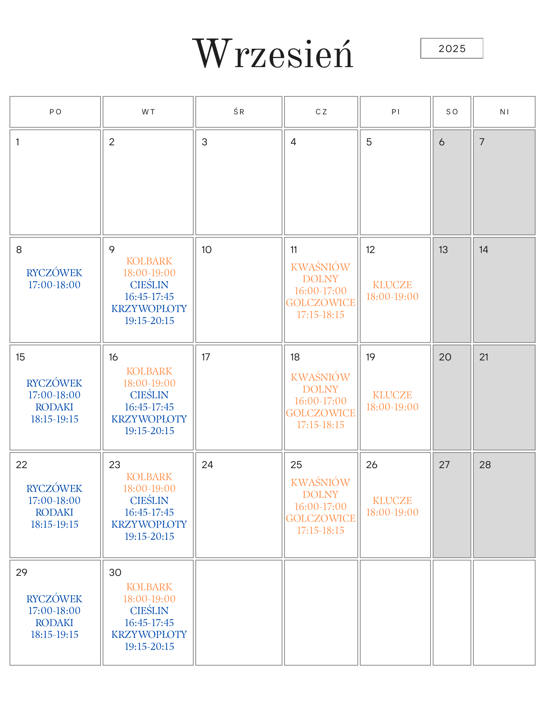 Zdjęcie z harmonogramem rehabilitacji ogólnousprawniającej na miesiąc wrzesień