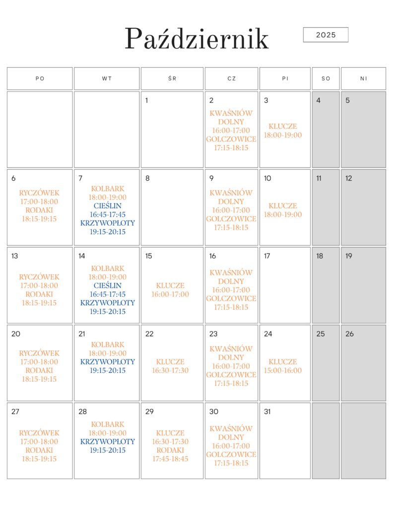 Kalendarz przedstawiający zaktualizowany harmonogram zajęć w poszczególnych sołectwach.