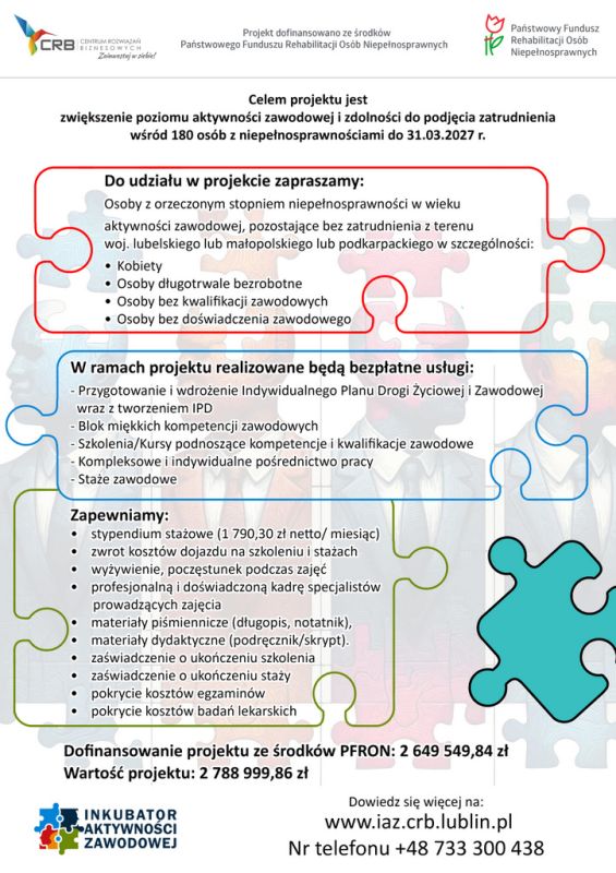 plakat informacyjny projektu Inkubator aktywności zawodowej, którego celem jest zwiększenie poziomu aktywności zawodowej i zdolności do podjęcia zatrudnienia wśród 180 osób z niepełnosprawnościami do 31.03.2027 roku