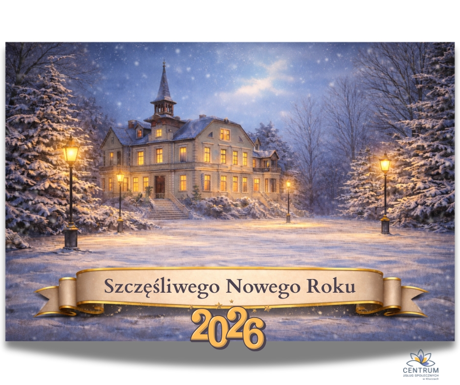 plakat z pałacem dietla w kluczach w tle  z życzeniami na nowy rok. 