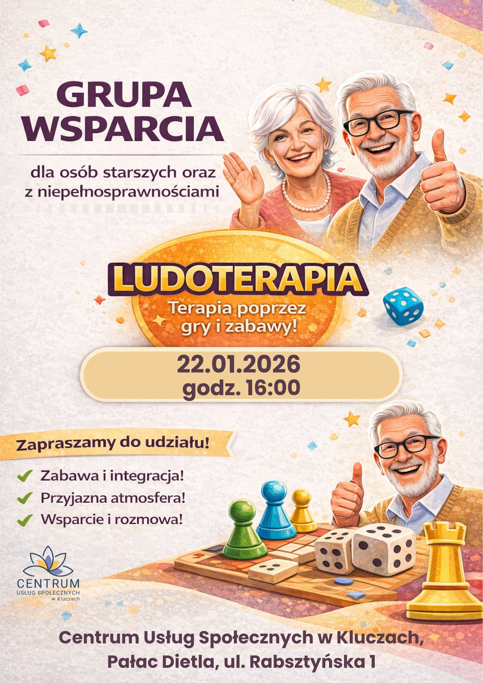 plakat z informacją o grupie wsparcia dla osób starszych i osób z niepełnosprawnościami 