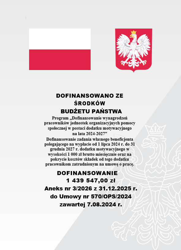 Aneks nr 3/2026 informujący o dofinansowaniu zadania własnego beneficjenta polegającego na wypłacie od 1 lipca 2024r. do 31 grudnia 2027 dodatku motywacyjnego w wysokości 1000 zł brutto miesięcznie. Dofinansowanie wynosi 1439547,00 zł.