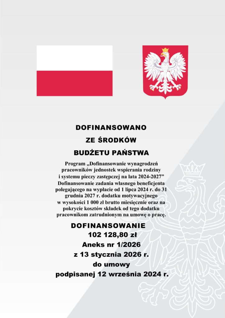 Plakat informujący o dofinansowaniu zadania własnego beneficjenta polegającego na wypłacie od 1 lipca 2024 r. do 31 grudnia 2027 r. dodatku motywacyjnego 
w wysokości 1 000 zł brutto miesięcznie oraz na pokrycie kosztów składek od tego dodatku pracownikom zatrudnionym na umowę o pracę.